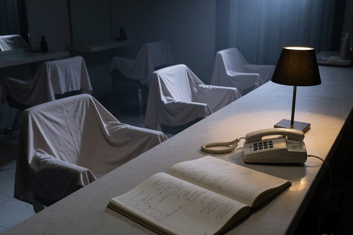 A salon after close with its chairs under white dust sheets, a lamp lit over a cream desk phone and an open handwritten appointment book
