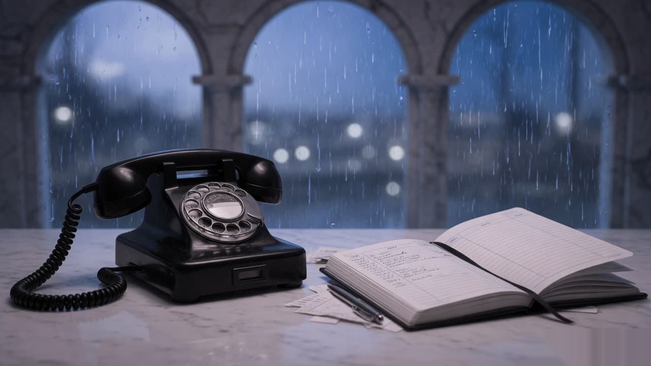 A black rotary telephone beside an open appointment book and a pen on a marble desk, rain on the arched windows behind