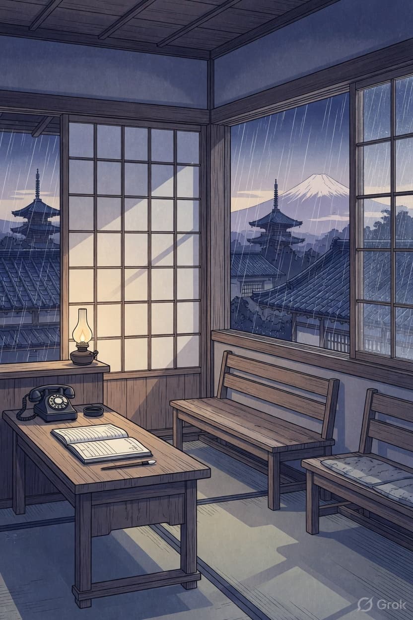 Rainy clinic waiting room with a telephone, an open appointment ledger, and empty wooden benches