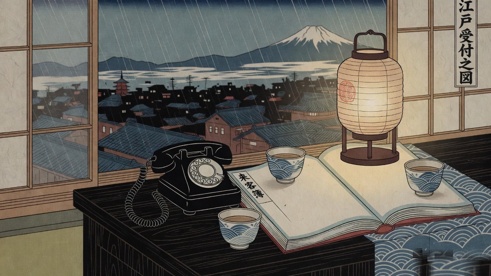 A black rotary phone, three tea cups, and an open appointment book on a rainy window desk facing Mount Fuji
