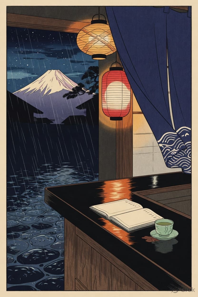 Inn counter with lanterns and a reservation book, rain over water and Mount Fuji