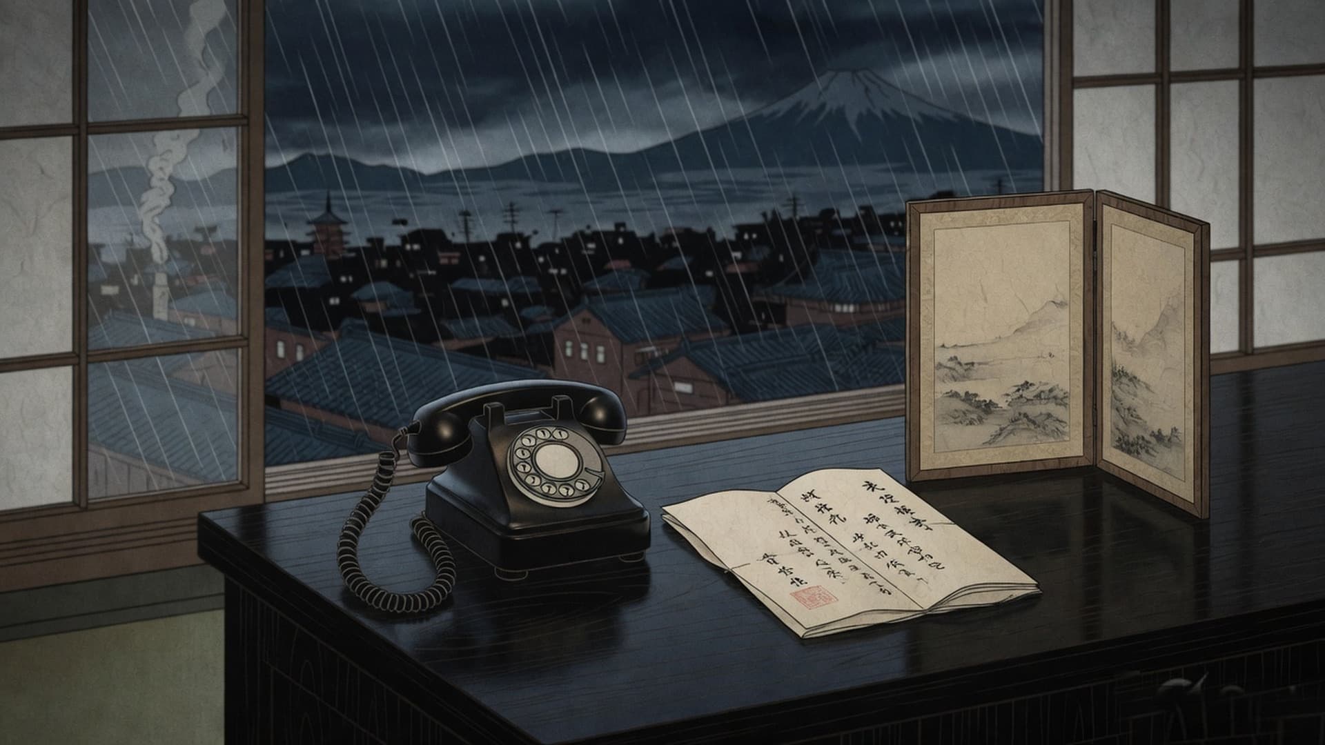 An inbox, a ledger, and a telephone on a working desk