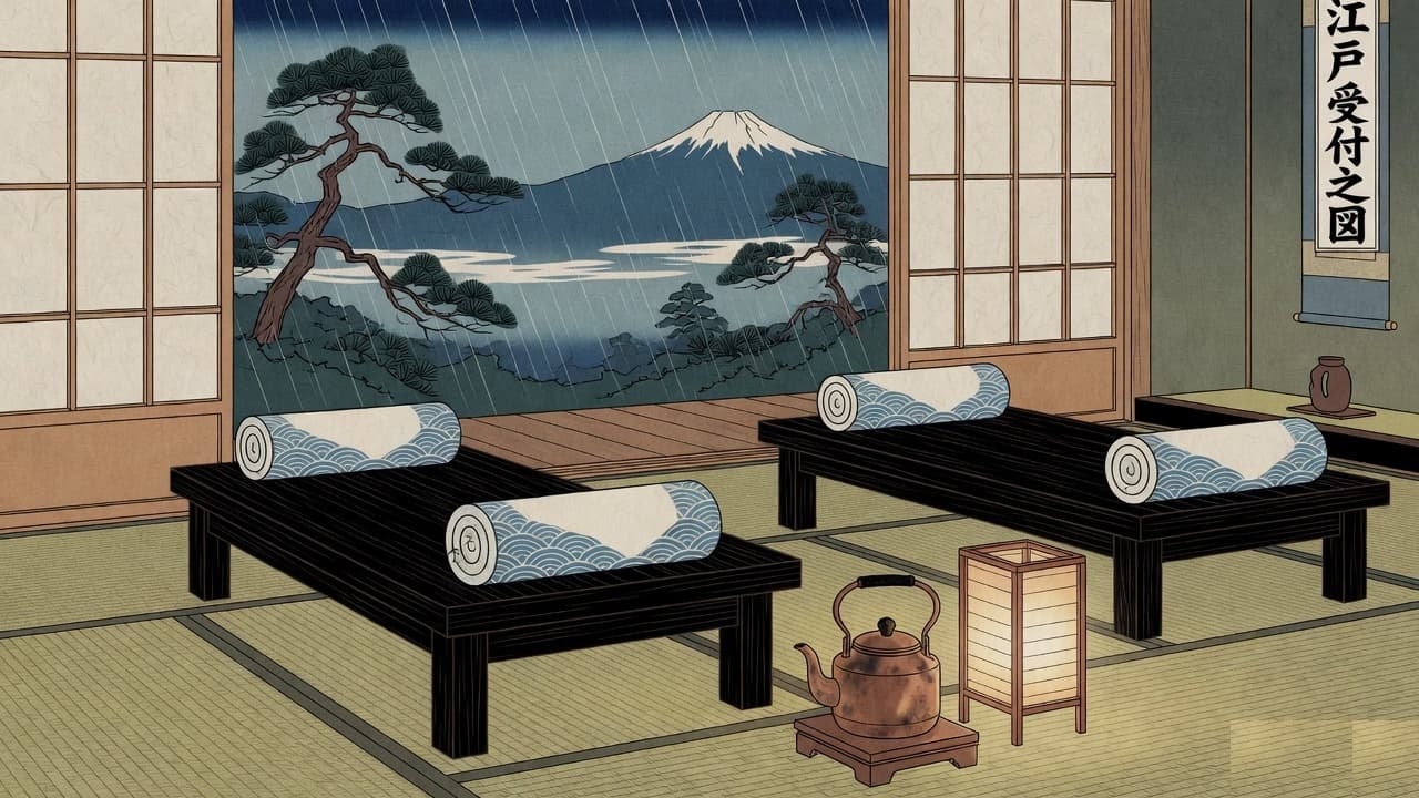 Two massage tables with rolled linen, a kettle, and a lantern facing pines and Mount Fuji in the rain