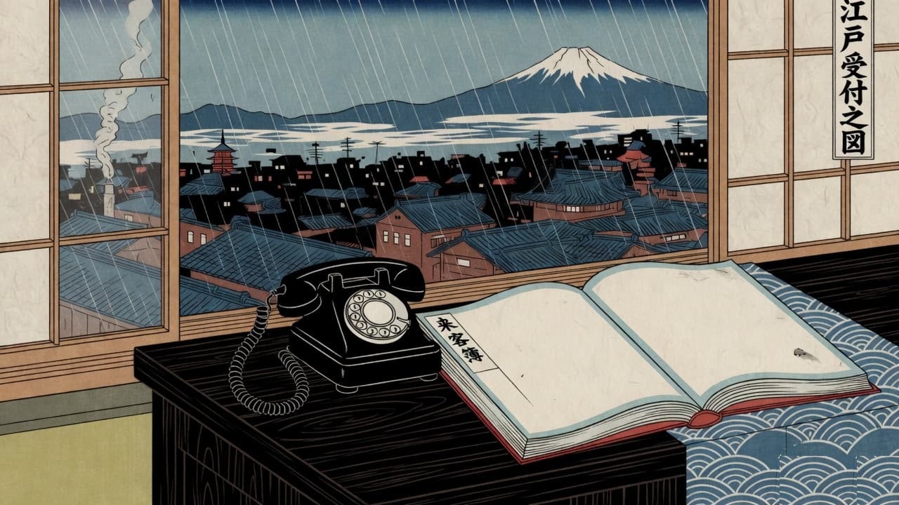 A desk with a telephone, open records, and rain beyond the window
