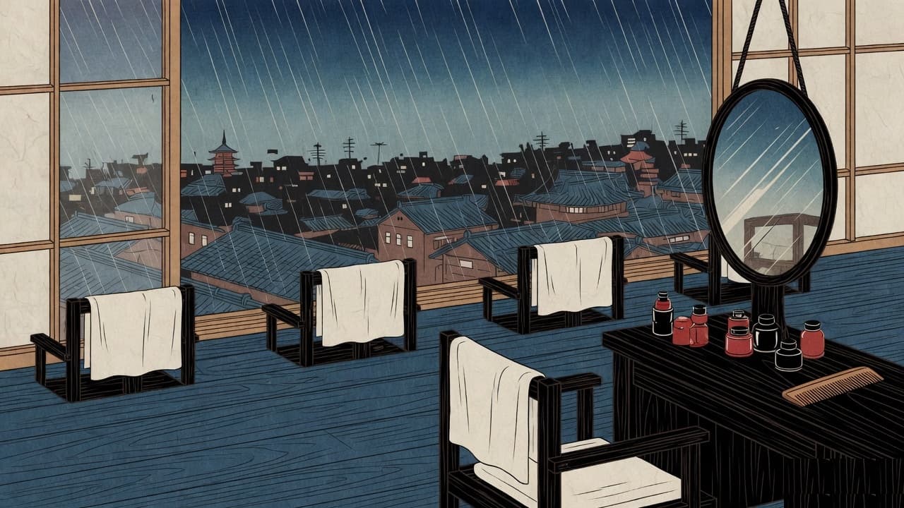 Salon chairs facing a rainy street of tiled roofs