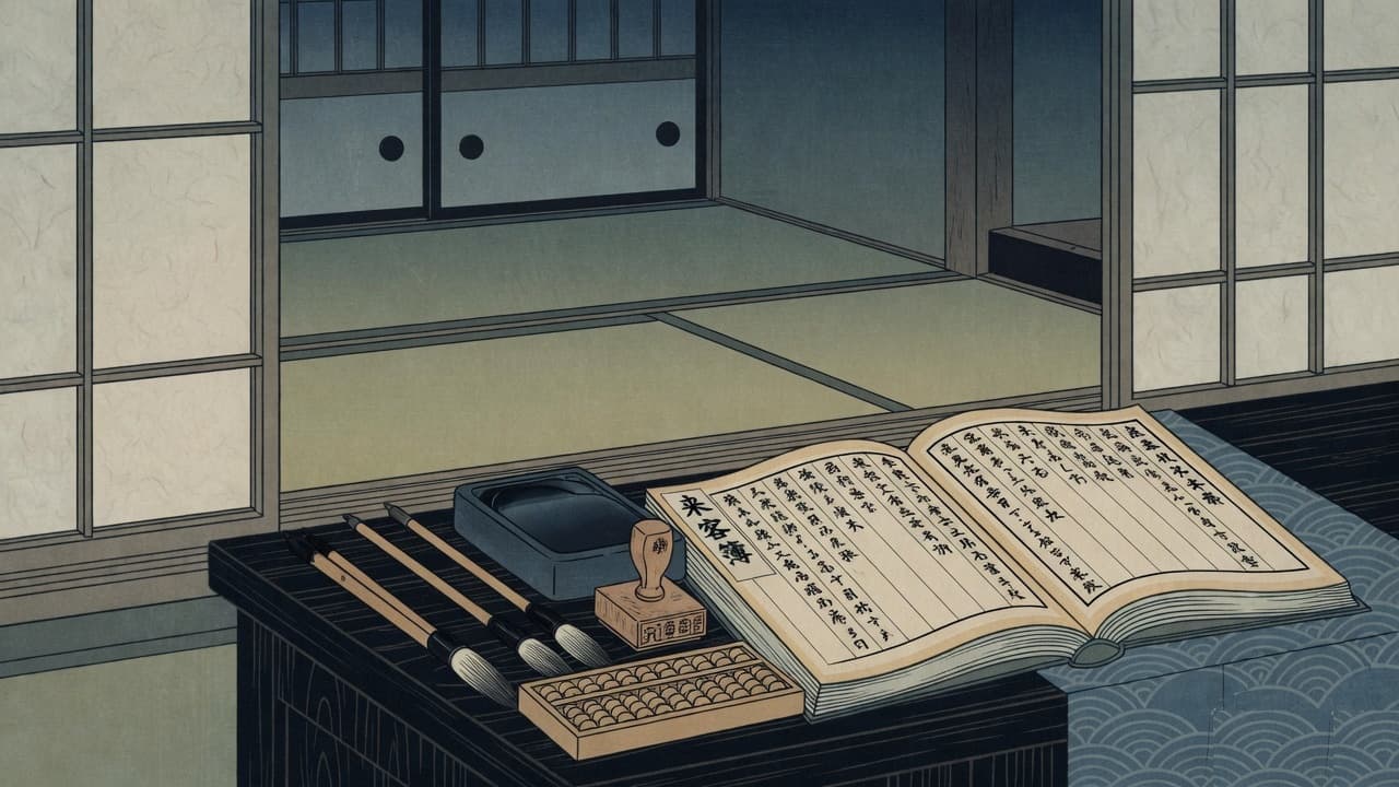 A writing desk with a brush, paper, and a distant mountain