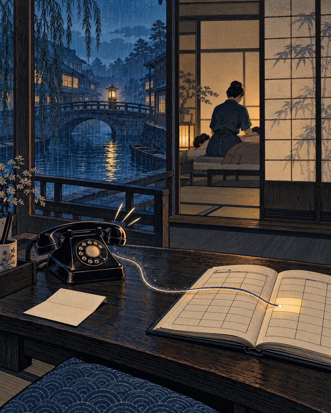 Woodblock-style treatment room at blue hour: a therapist, seen from behind, works on a client in a lamplit room beyond an open doorway while a black rotary telephone rings on the front desk, joined by a glowing thread to one lit slot in an open appointment ledger, with rain falling on a canal outside