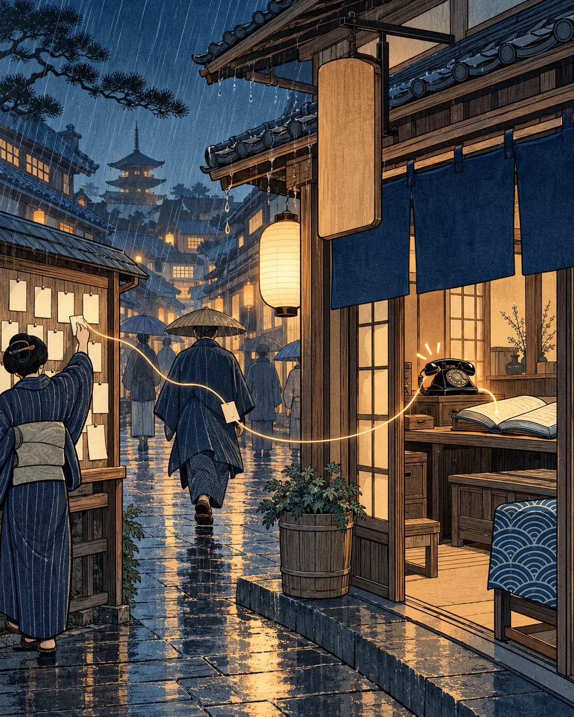 Woodblock-style street of shops on a rainy blue-hour evening: through an open indigo curtain a black rotary telephone rings on a desk beside an open ledger, and a glowing thread runs from the phone into the ledger, out past a customer walking away under a straw umbrella, where a small paper slip hangs on it, to a woman pinning a blank card on a wooden notice board covered in blank cards