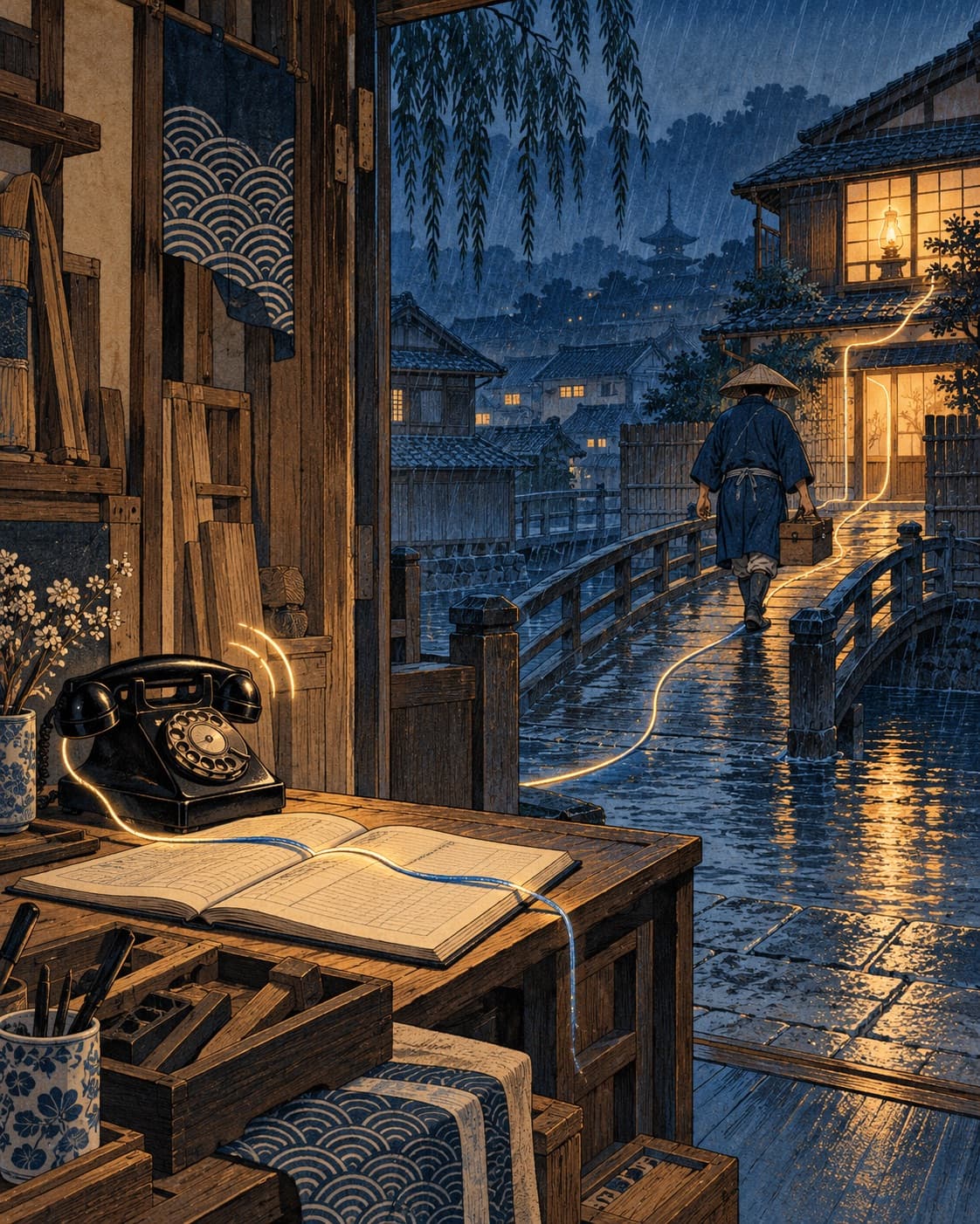 Woodblock-style workshop at blue hour: a rotary telephone rings on an empty desk beside an open ledger while a tradesperson carries a toolbox across a canal bridge in the rain toward a lit house, joined to the phone by a glowing thread