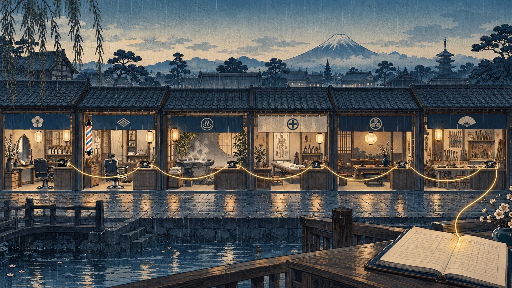 A woodblock-style street of six appointment businesses at blue hour, each front desk telephone linked by one glowing thread to an open booking ledger