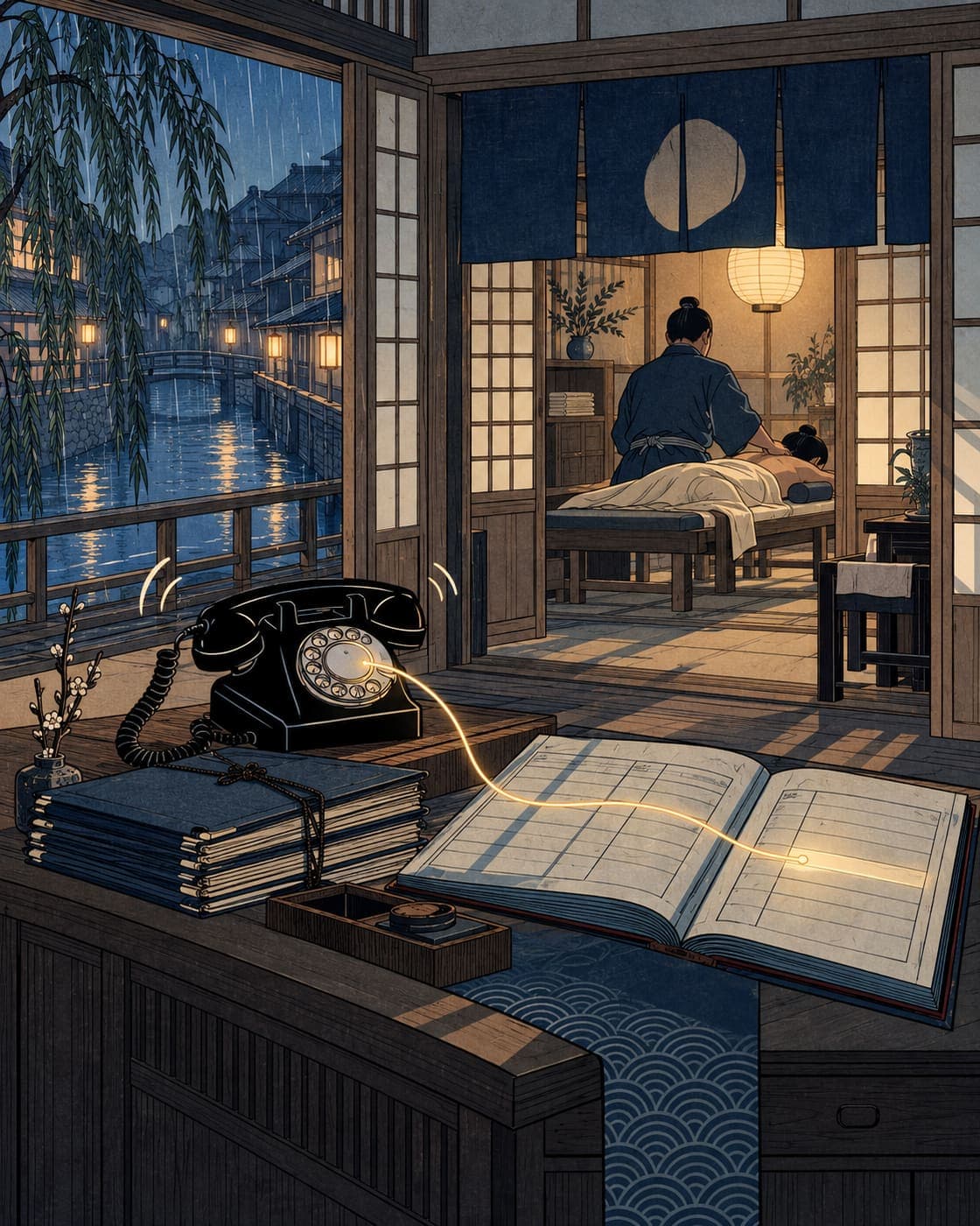 Woodblock-style clinic reception at blue hour: a black rotary telephone rings on an empty front desk beside a stack of patient folders tied with cord, a glowing thread runs from the phone to one lit slot in an open appointment ledger, and through a doorway a practitioner, seen from behind, treats a patient lying on a table under a paper lantern, with rain falling on a canal outside