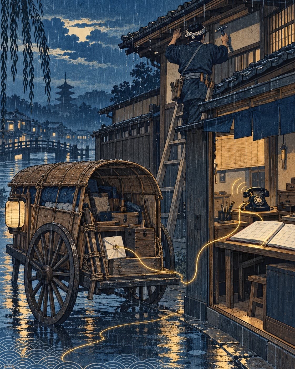 Woodblock-style rainy street at dusk: a tradesperson on a ladder works under the eaves while a telephone rings in the empty office below, and a glowing thread runs from it to an open ledger and a message slip in the loaded cart