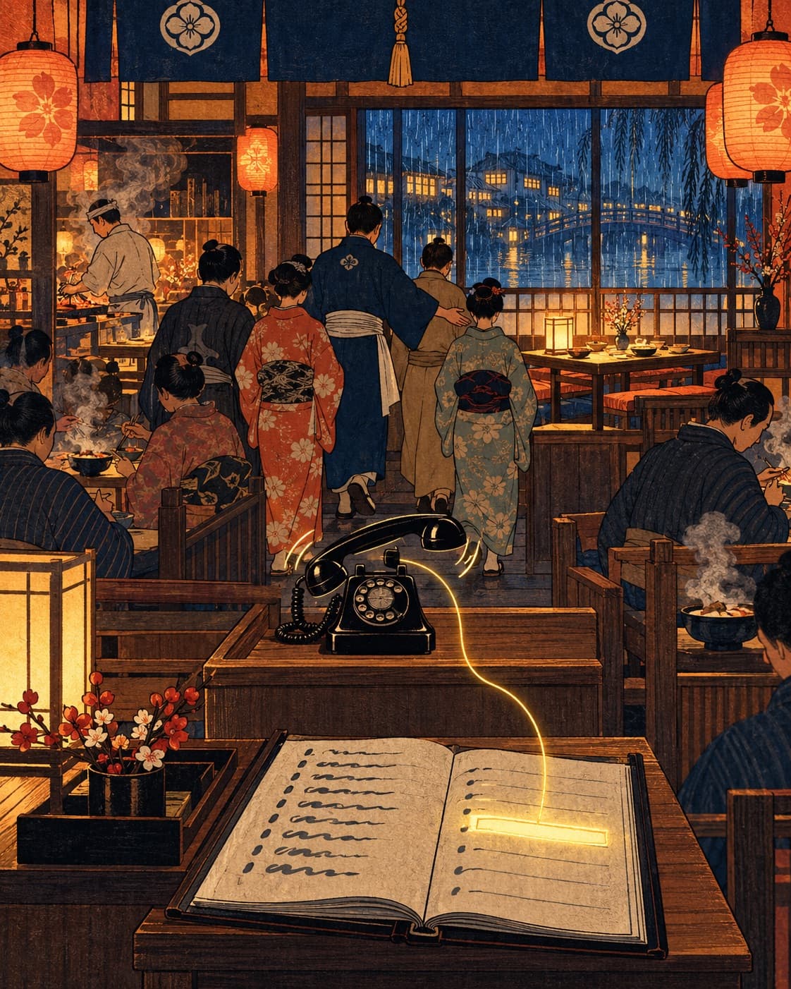 Woodblock-style restaurant at the evening rush: a black rotary telephone rings on an unattended host stand, a glowing thread runs from it into an open reservation ledger, and behind it the host, seen from behind, leads a party to a table while diners eat under paper lanterns and a cook works the grill