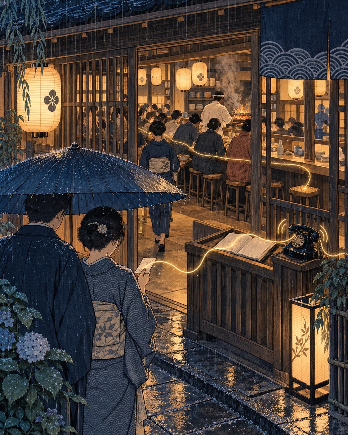 Woodblock-style small restaurant on a rainy night: most counter seats are taken while a cook works the grill, a black rotary telephone rings on the unattended host stand beside an open reservation ledger, and outside two guests under an umbrella, seen from behind, read a message slip as a glowing thread runs from the phone to the slip and on to an empty stool at the counter