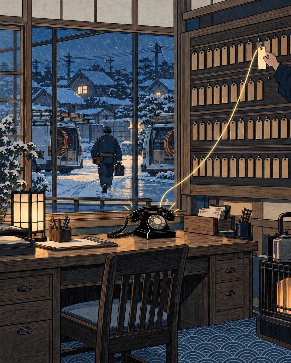 Woodblock-style dispatch office on a snowy evening: a black rotary telephone rings on an empty desk, a glowing thread runs from it up to a wall board of wooden job tags where a hand hangs one new tag, and through the window a technician carrying a toolbox walks toward two service vans loaded with ladders and hose reels