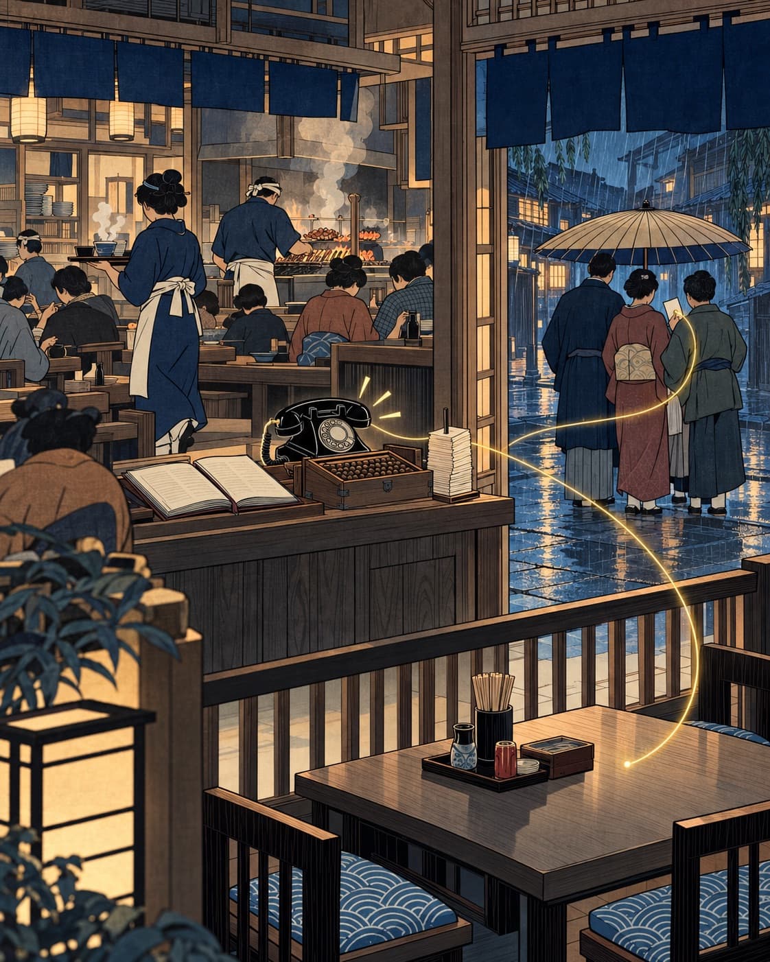 Woodblock-style grill house on a rainy evening: diners fill the low tables while a cook works the charcoal grill and a server carries bowls, a black rotary telephone rings on the unattended host stand beside an open ledger, a counting box and a spike of order tickets, and a glowing thread runs from the phone to a message slip held by one of three guests waiting under an umbrella outside, then back to an empty set table in the foreground