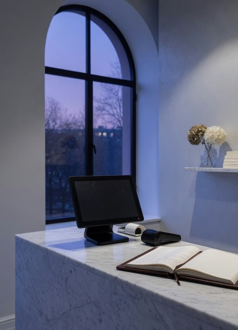 POS terminal beside the appointment book on marble