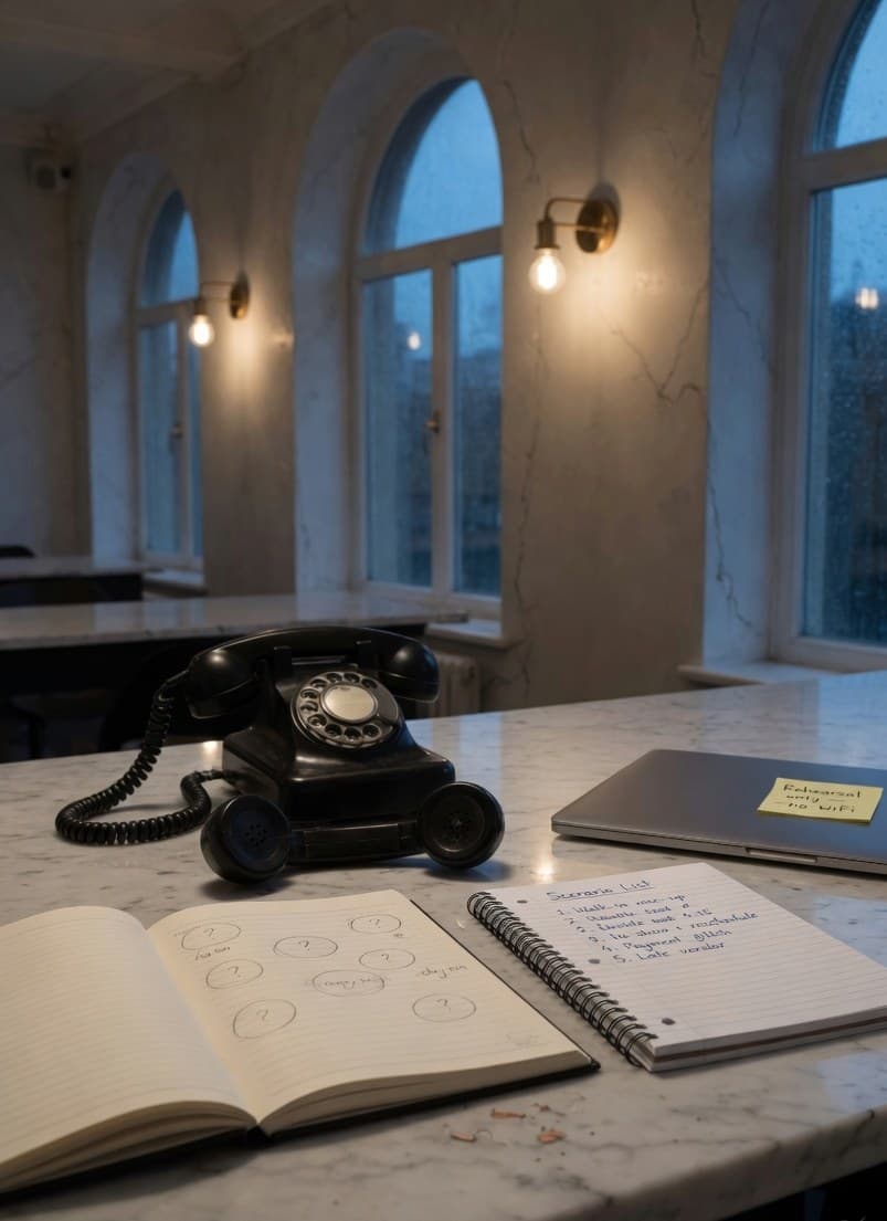 A rehearsal on the marble desk: phone, book, and a scenario list
