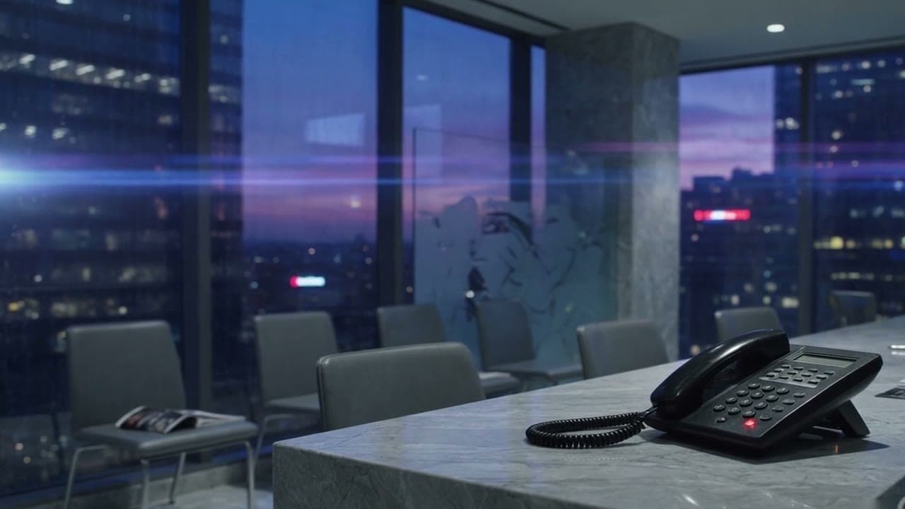 A desk phone with a lit red button on a marble counter in an empty high-rise waiting room at dusk