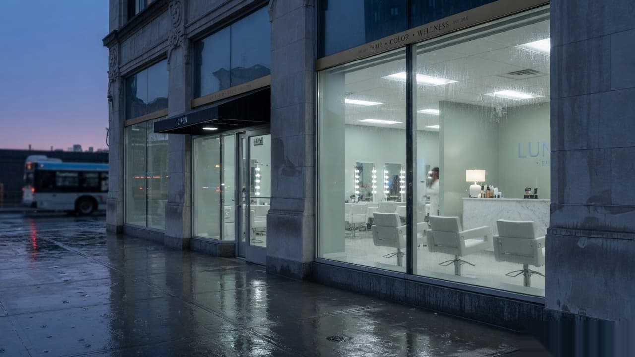 A shopfront at dusk with the book still open