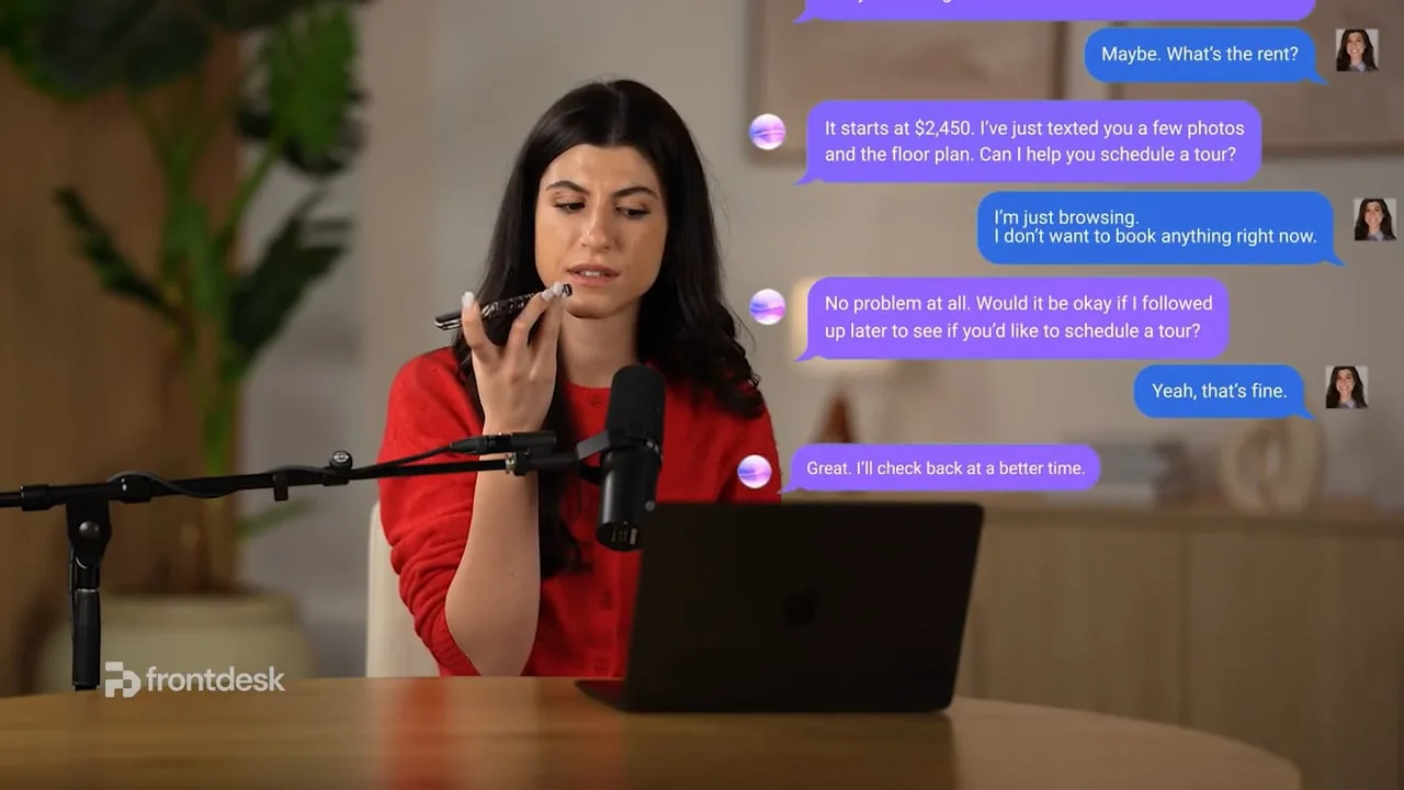 Frontdesk AI receptionist demo with a live call and a chat transcript booking a follow-up