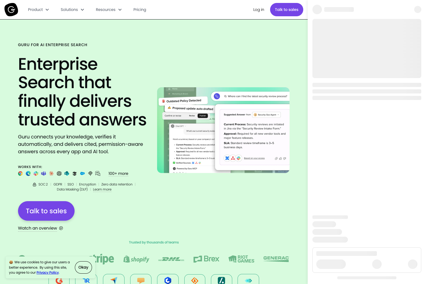 Guru enterprise search landing page showing cited, permission-aware answers and an outdated-policy detection workflow