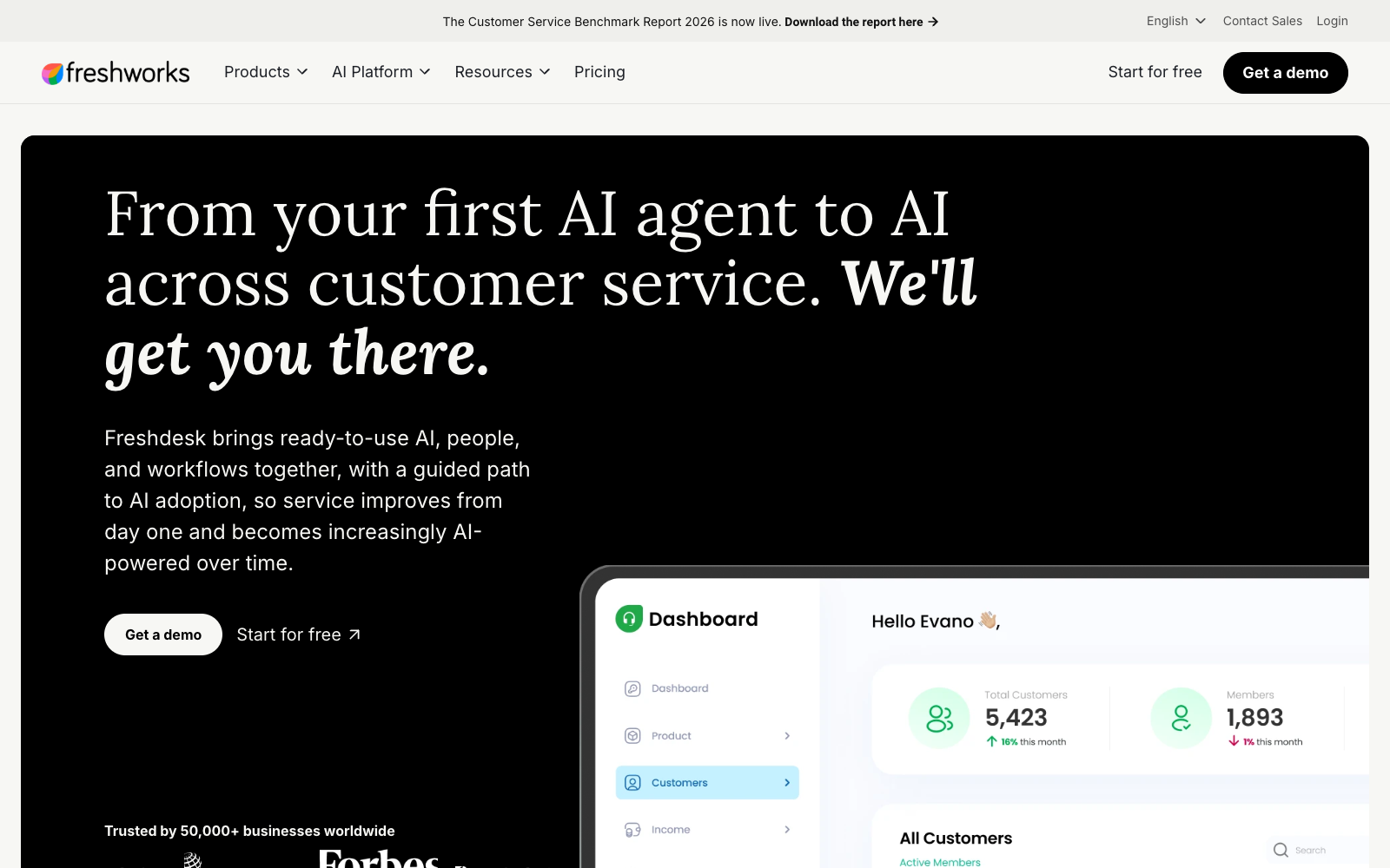 Freshdesk homepage. From your first AI agent to AI across customer service.