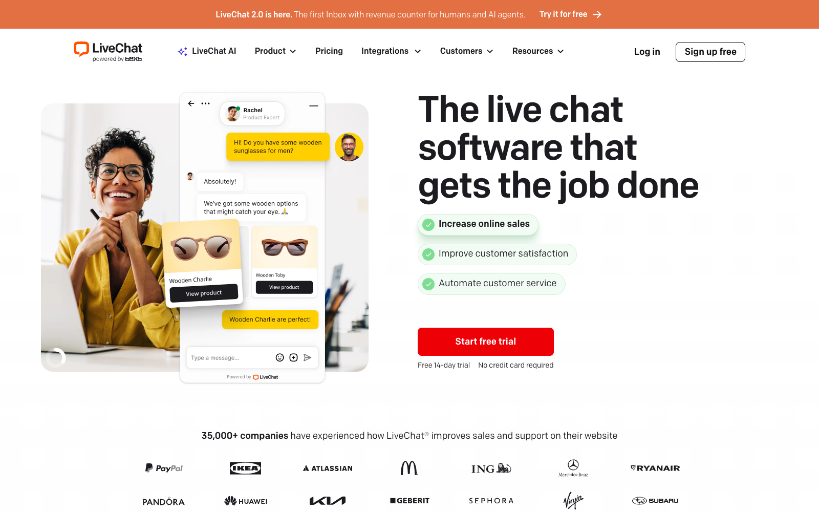 LiveChat homepage. The live chat software that gets the job done.