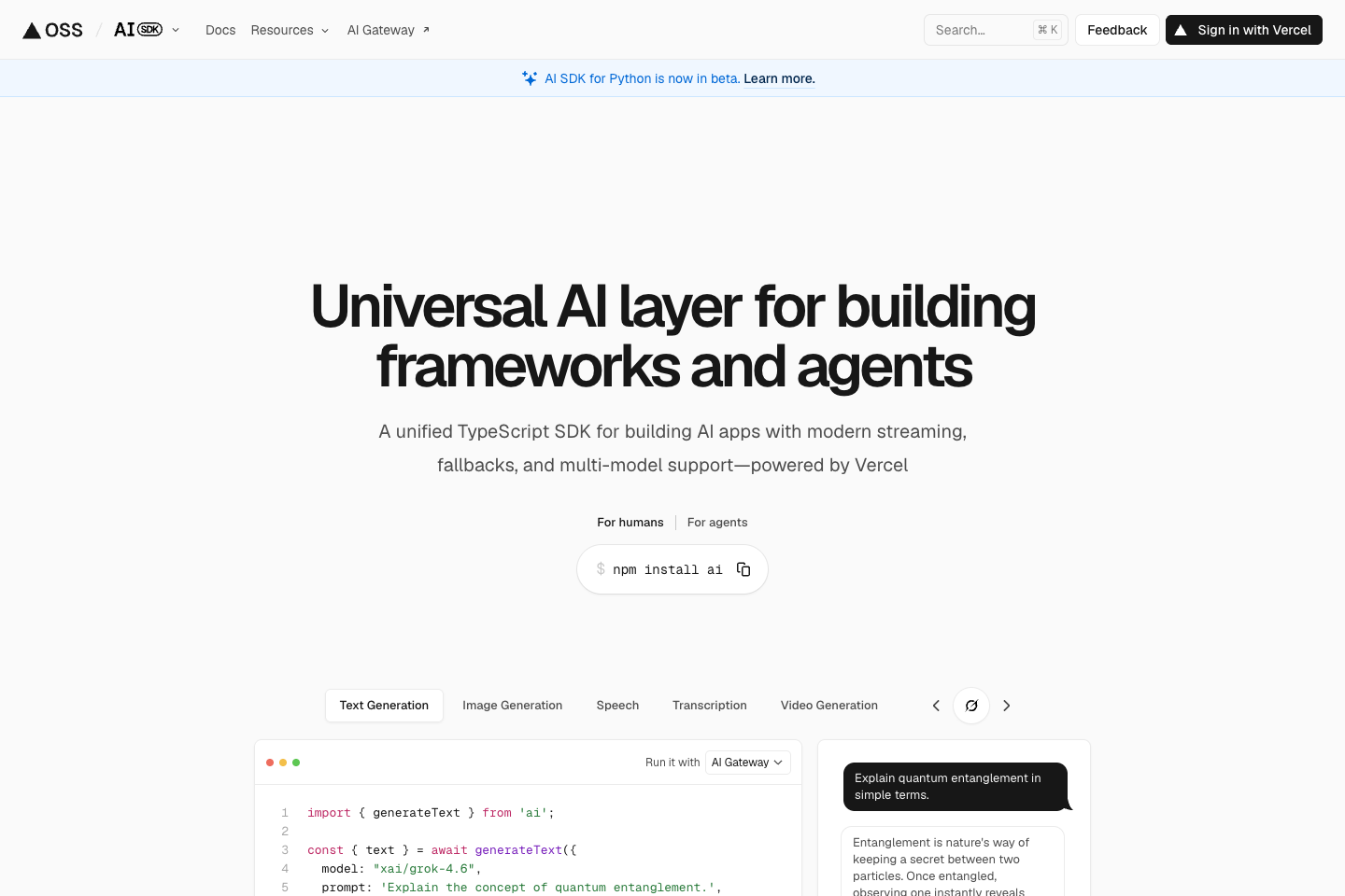 Vercel AI SDK official documentation landing page