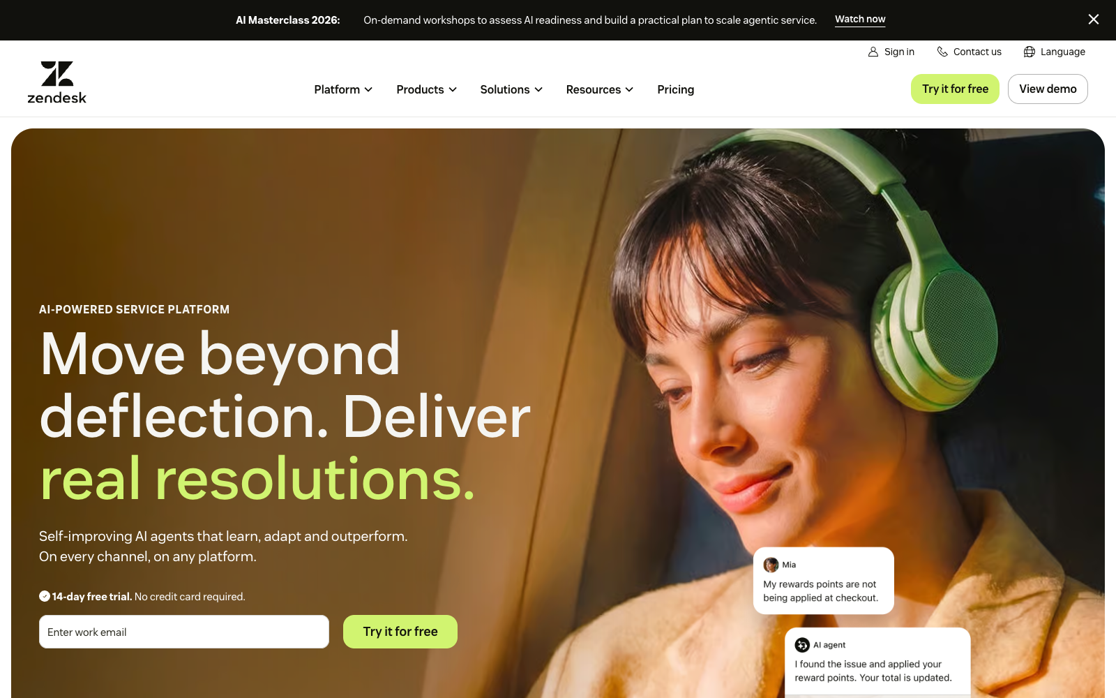 Zendesk homepage. Move beyond deflection. Deliver real resolutions.